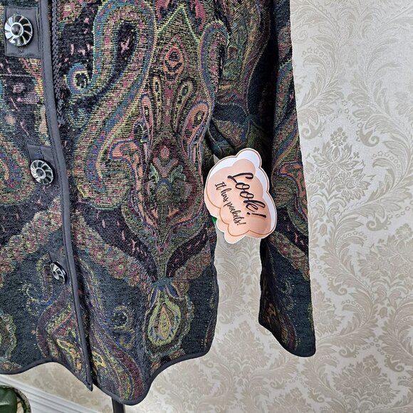 Flashback Size Large Tapestry Paisley Jacket Blk/Brn/Grn Button Front Vintage - Picture 2 of 11